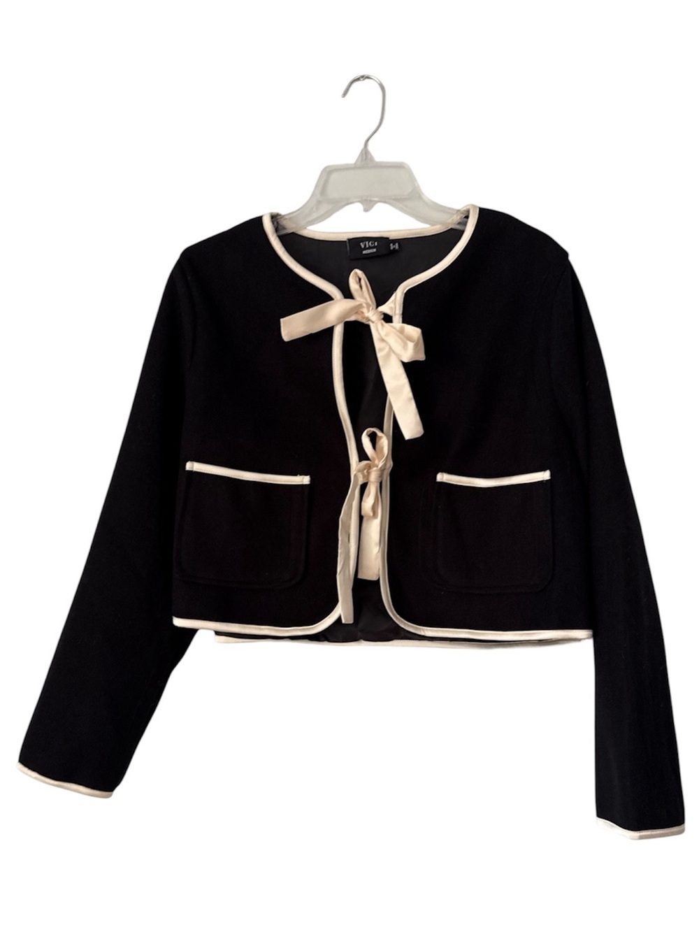 VICI bow tie front cardigan jacket Black cream piping Medium